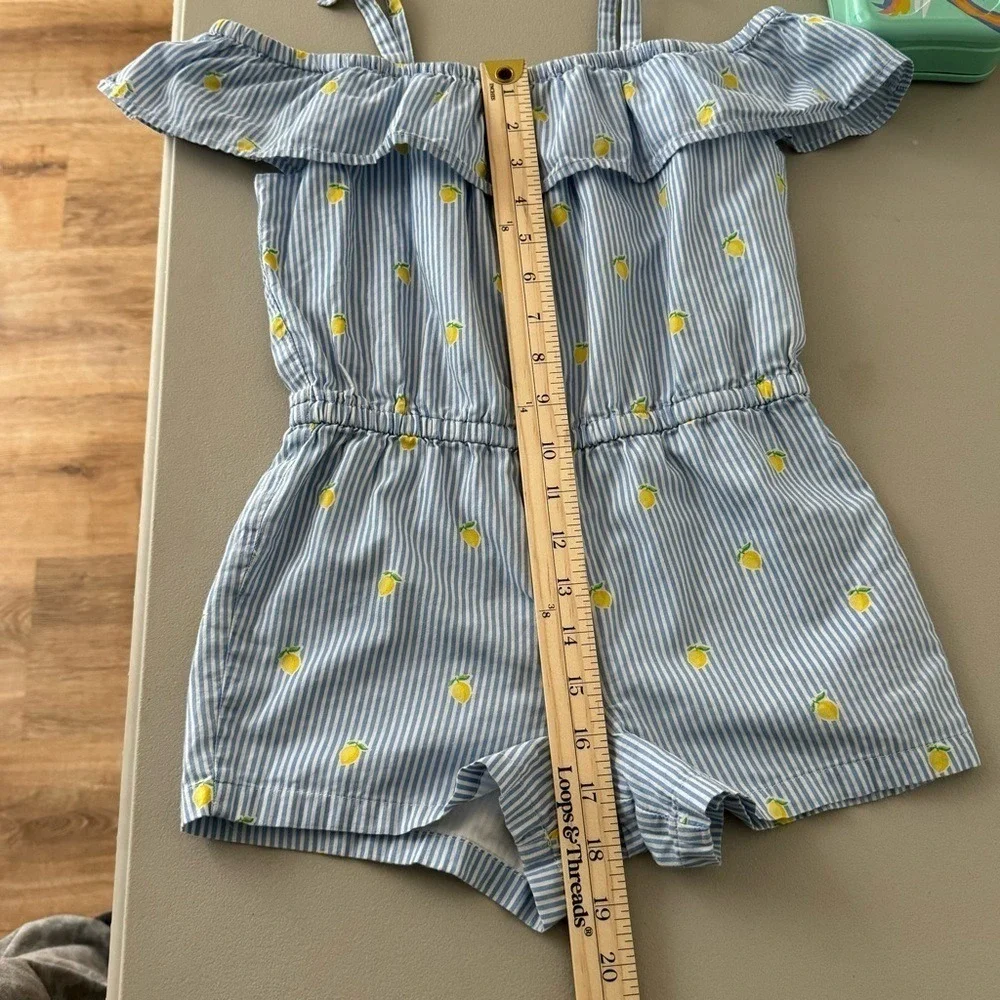 Janie & Jack Girls Romper 4T/5T Blue Stripe Lemon Ruffle Beach Vacation Cotton - Picture 12 of 13
